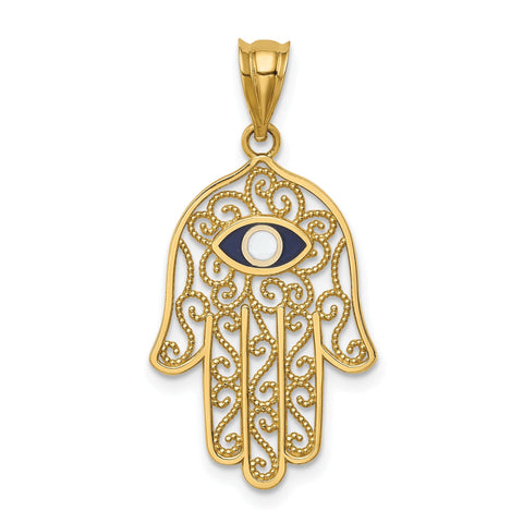 14K Yellow Gold and Enamel Filigree Hamsa Pendant, 30mm