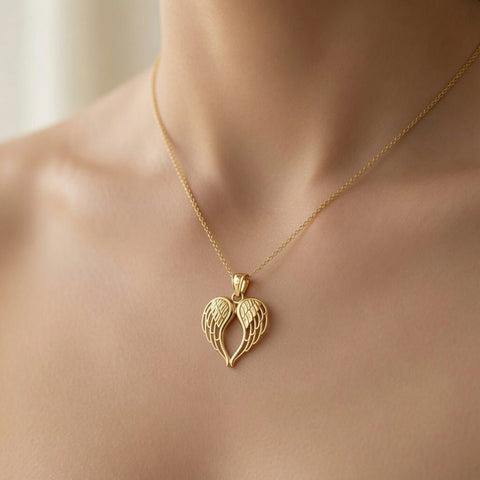 14k Yellow Gold Angel Wings Heart Pendant, 19x13mm