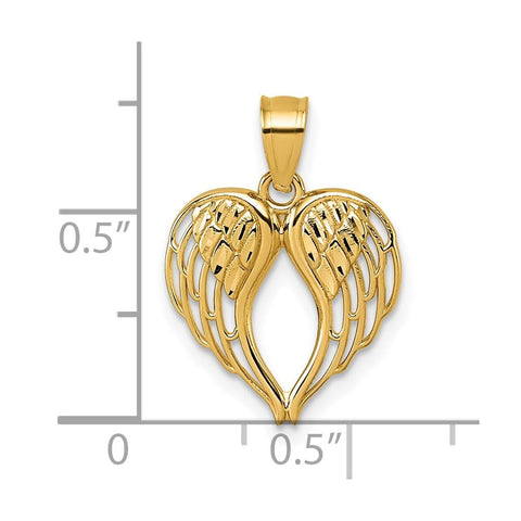 14k Yellow Gold Angel Wings Heart Pendant, 19x13mm