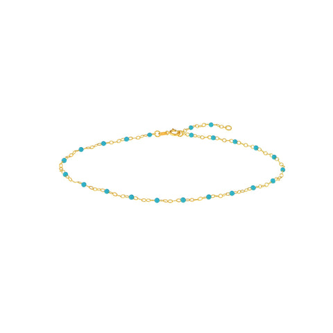 14K Yellow Gold Anklet with White Enamel Beads, Chain Style, 10 Inches