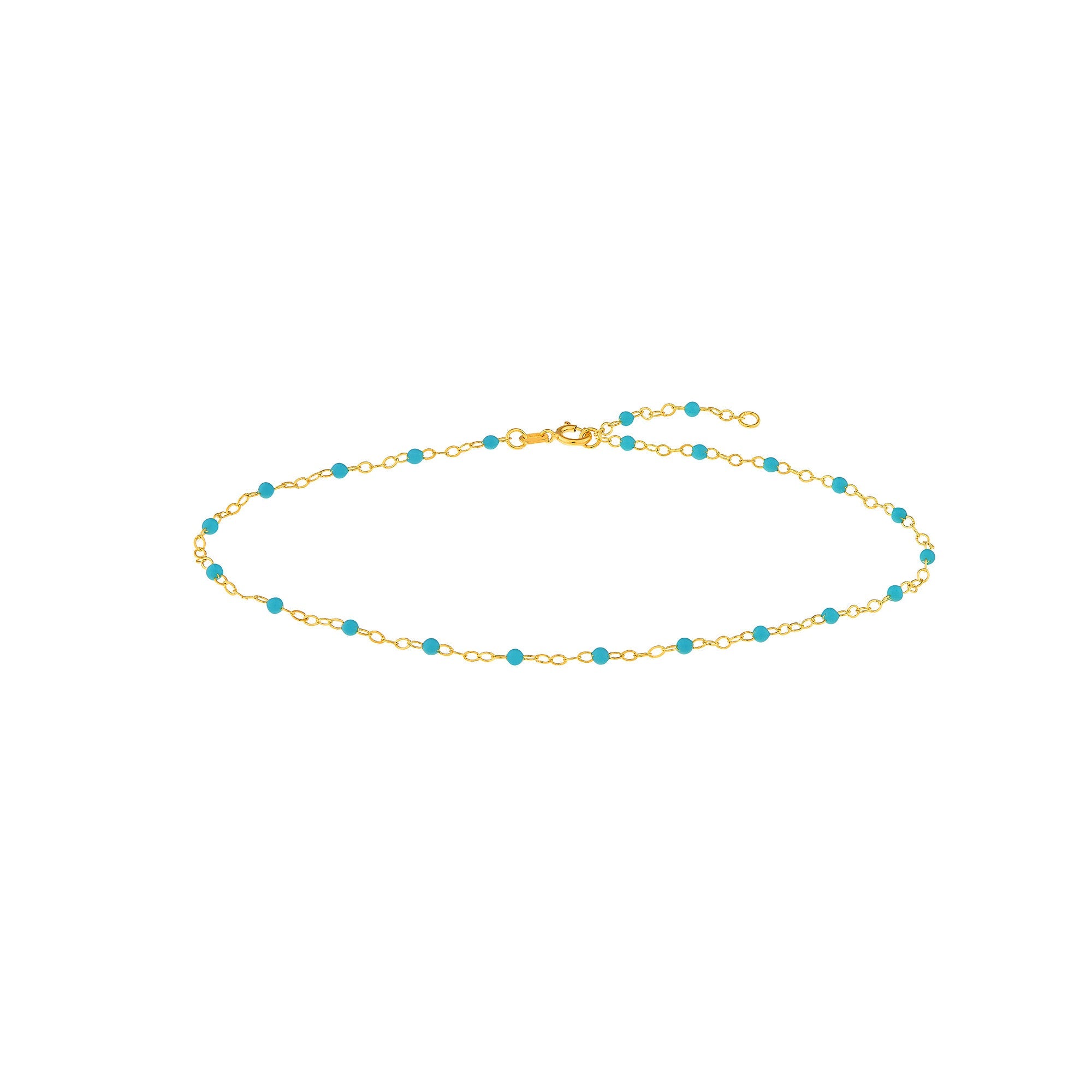 14K Yellow Gold Anklet with White Enamel Beads, Chain Style, 10 Inches
