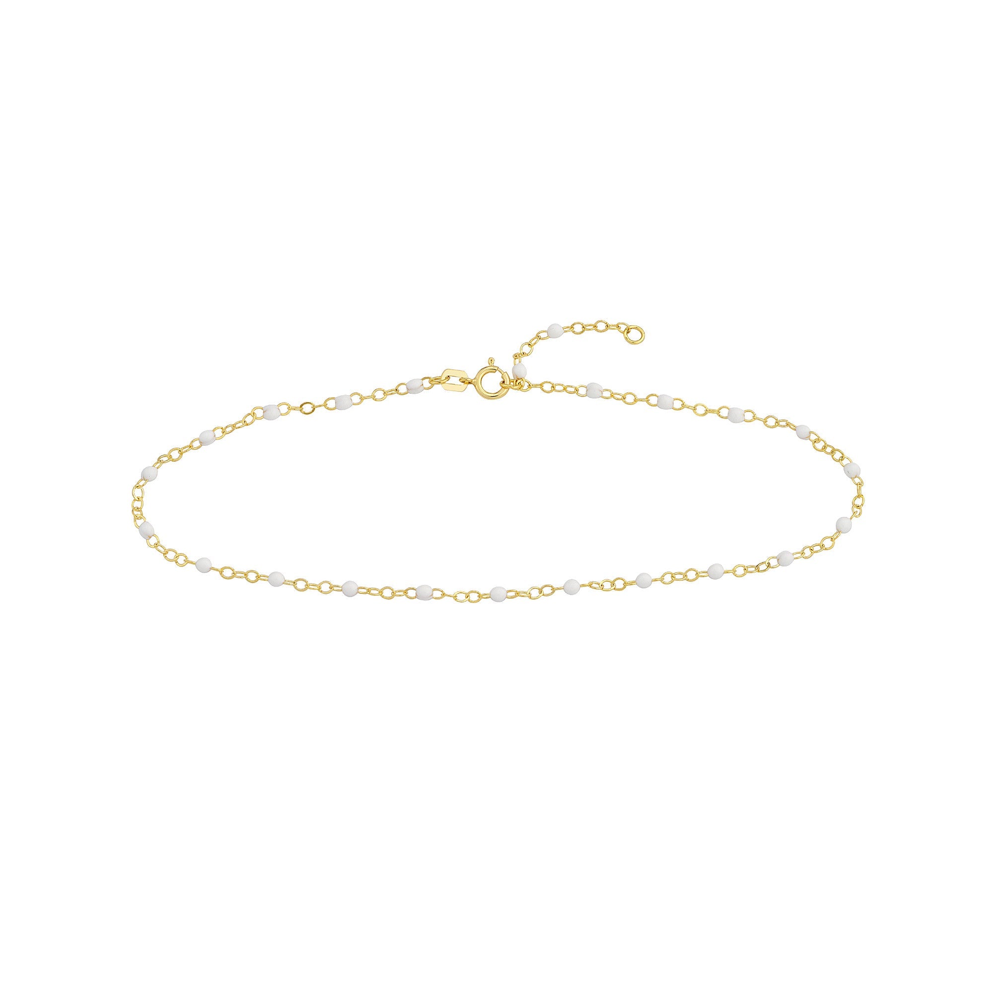 14K Yellow Gold Anklet with White Enamel Beads, Chain Style, 10 Inches