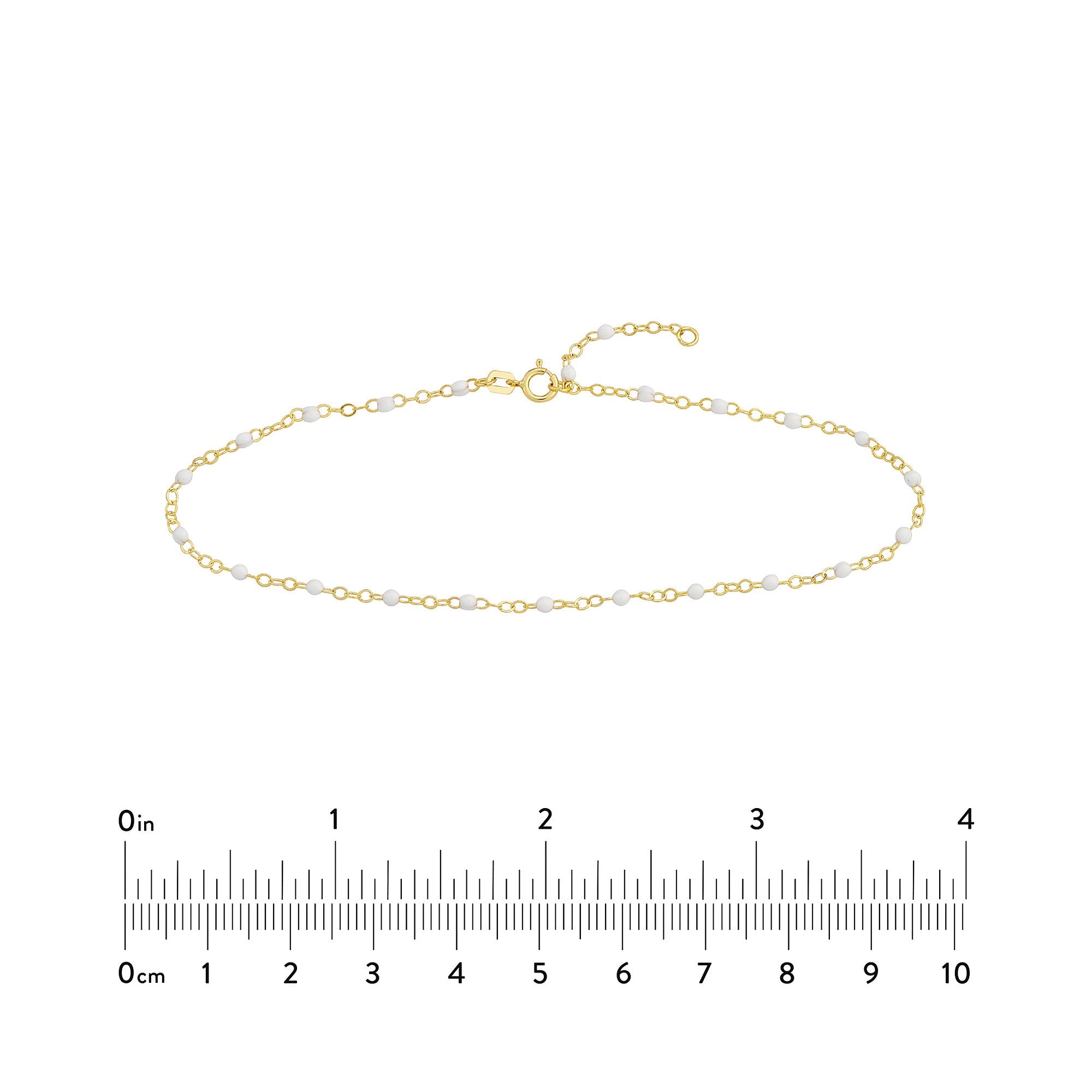14K Yellow Gold Anklet with White Enamel Beads, Chain Style, 10 Inches