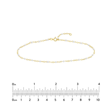 14K Yellow Gold Anklet with White Enamel Beads, Chain Style, 10 Inches