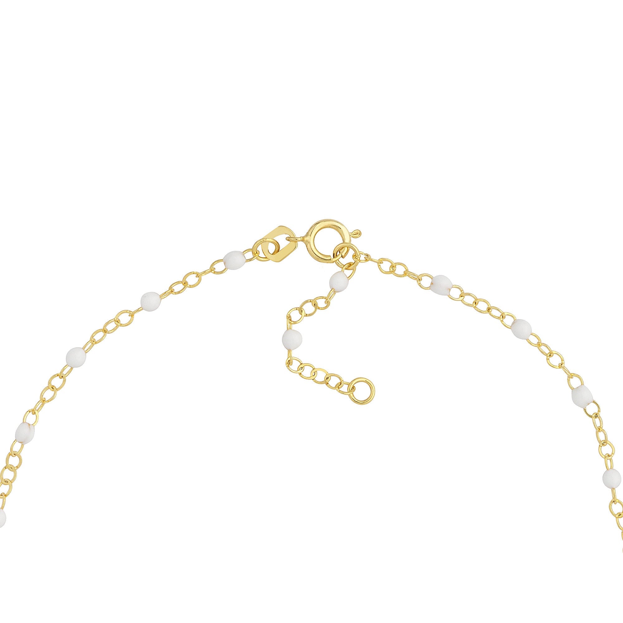 14K Yellow Gold Anklet with White Enamel Beads, Chain Style, 10 Inches