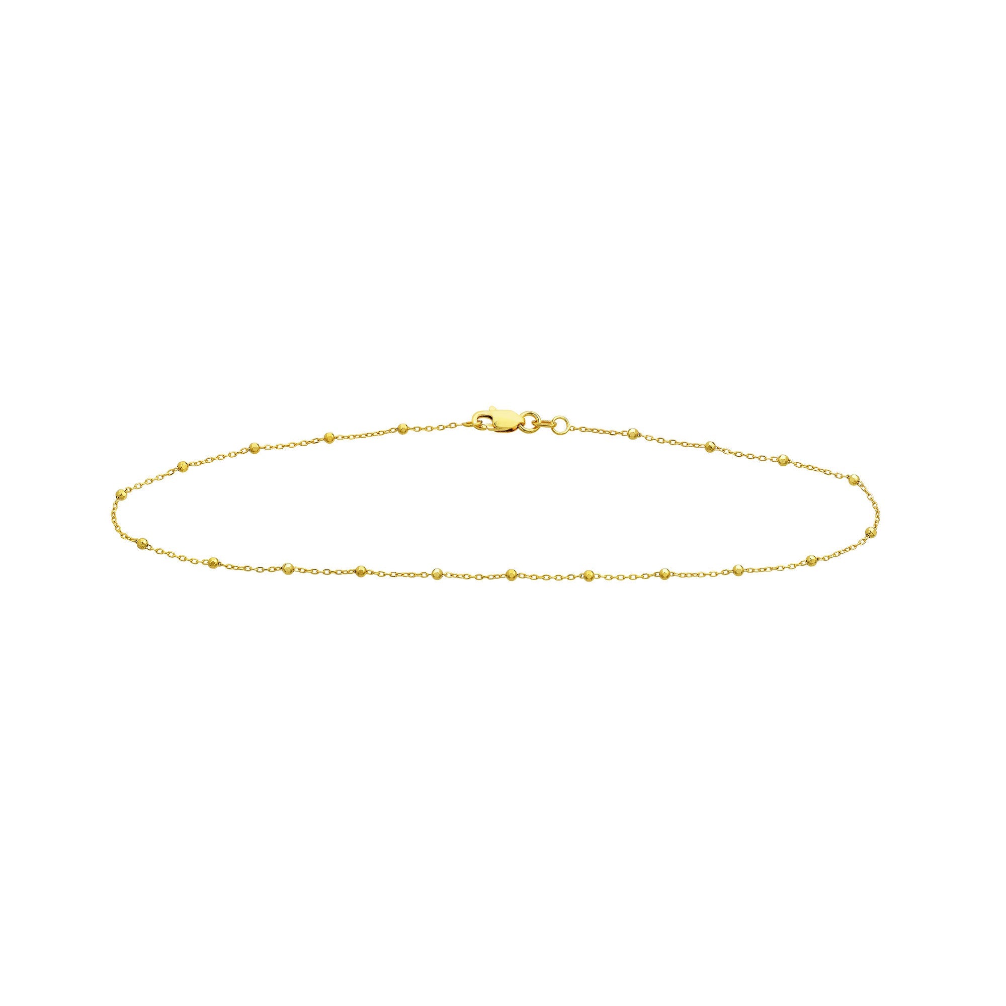 14k Solid Gold Faceted Bead Saturn Chain Anklet, 10" Length