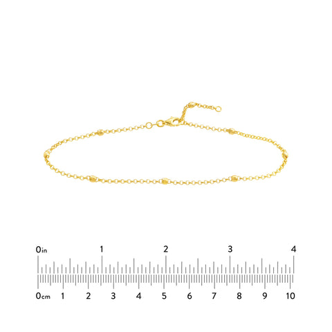 14k Yellow Gold Bead Station Rolo Chain Adjustable Anklet, 10"