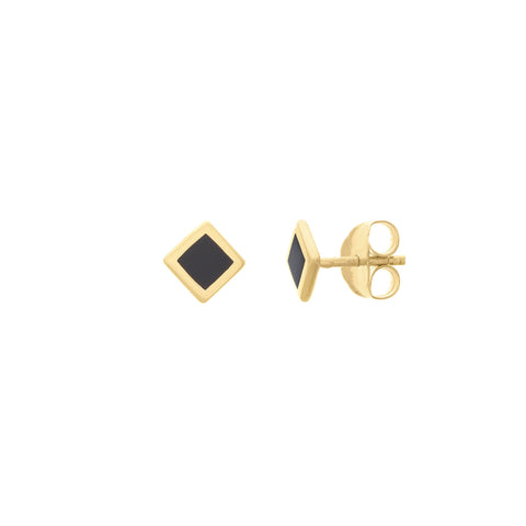 14k Yellow Gold Black Enamel Rhombus Stud Earrings, 5mm