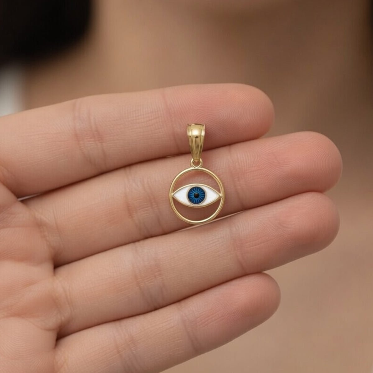14k Yellow Gold Blue Enamel Eye Pendant, 16mm
