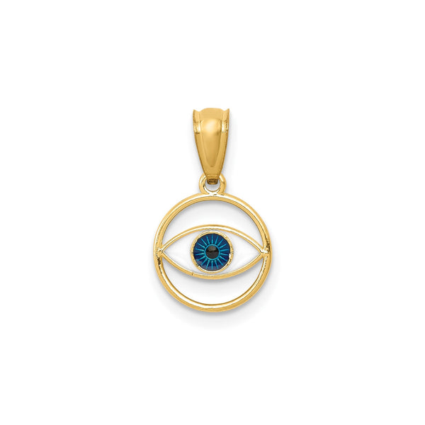 14k Yellow Gold Blue Enamel Eye Pendant, 16mm