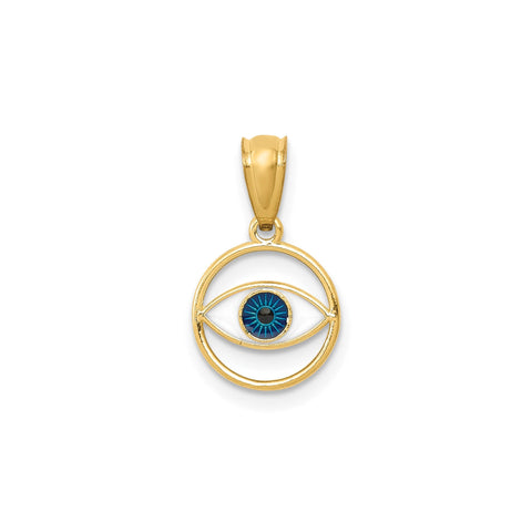 14k Yellow Gold Blue Enamel Eye Pendant, 16mm