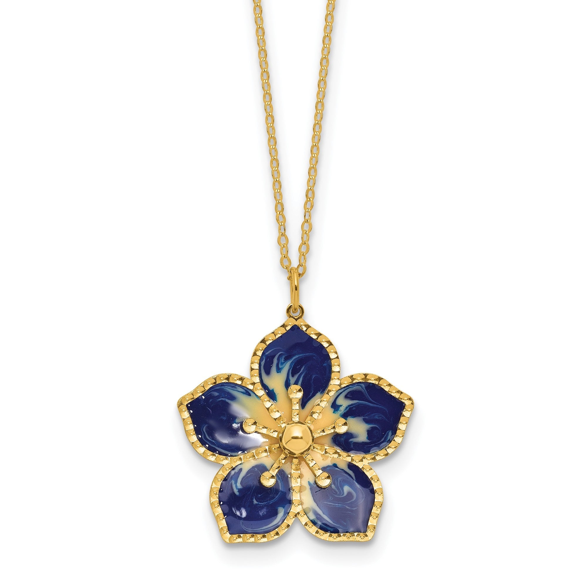 14K Yellow Gold Blue Enamel Flower Pendant Necklace, 16 Inch Chain with 2 Inch Extension
