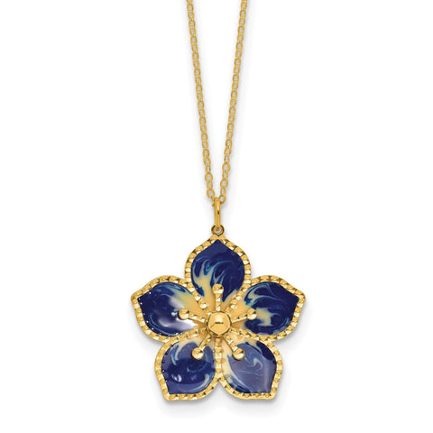 14K Yellow Gold Blue Enamel Flower Pendant Necklace, 16 Inch Chain with 2 Inch Extension