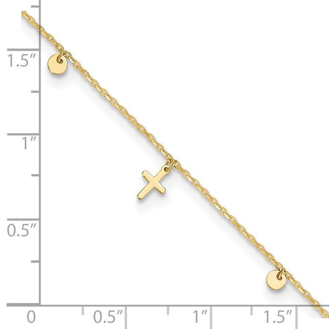 14K Yellow Gold Cross Charm Adjustable Anklet, 9-10 Inch