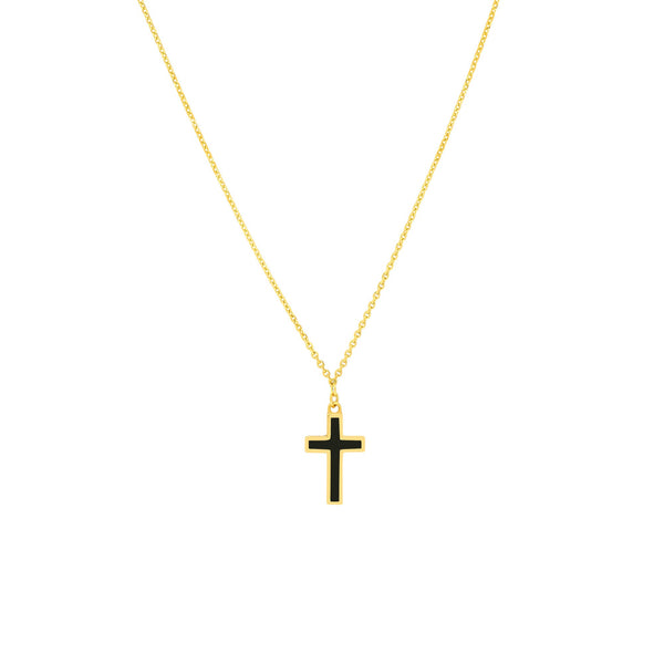 14k Yellow Gold Cross Necklace with Black Enamel, Adjustable Chain, 18 Inches