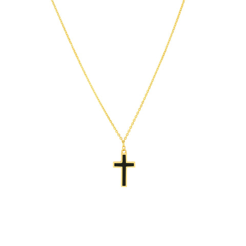 14k Yellow Gold Cross Necklace with Black Enamel, Adjustable Chain, 18 Inches
