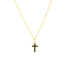 14k Yellow Gold Cross Necklace with Black Enamel, Adjustable Chain, 18 Inches