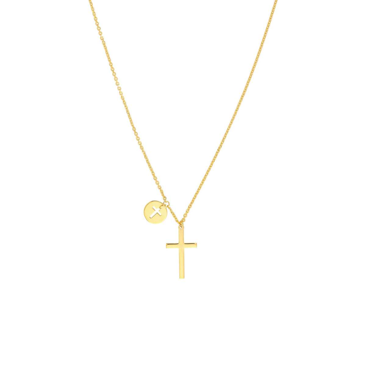 14k Yellow Gold Cross Necklace with Disc Charm, Adjustable Chain 16-18 Inches