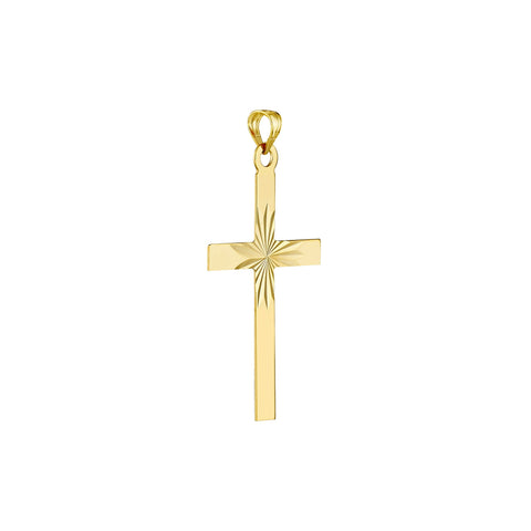 14K Yellow Gold Cross Pendant with Diamond-Cut Center Design, 35x15mm