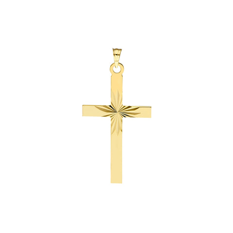 14K Yellow Gold Cross Pendant with Diamond-Cut Center Design, 35x15mm