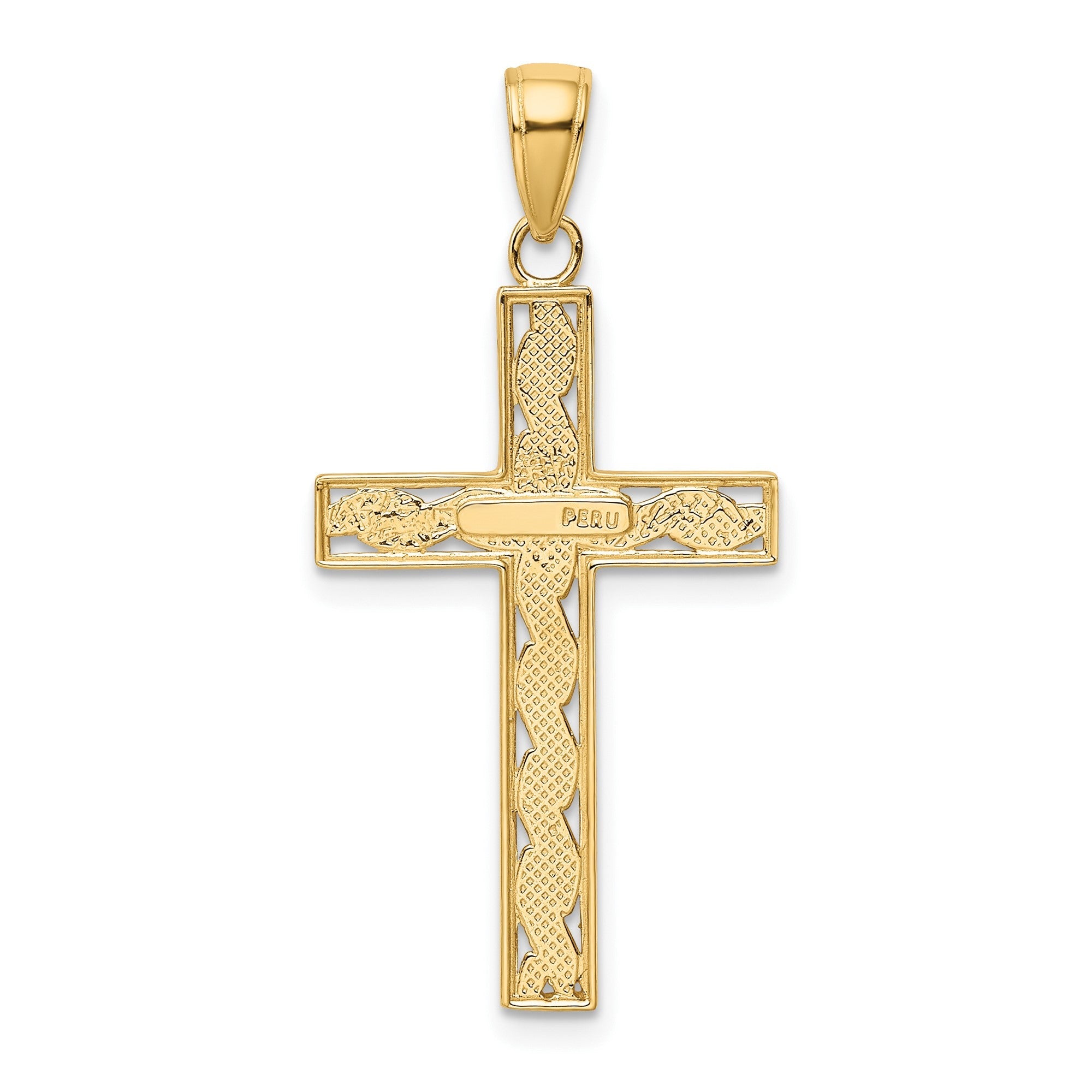 14K Yellow Gold Cross Pendant with Rope Design, 35x17mm
