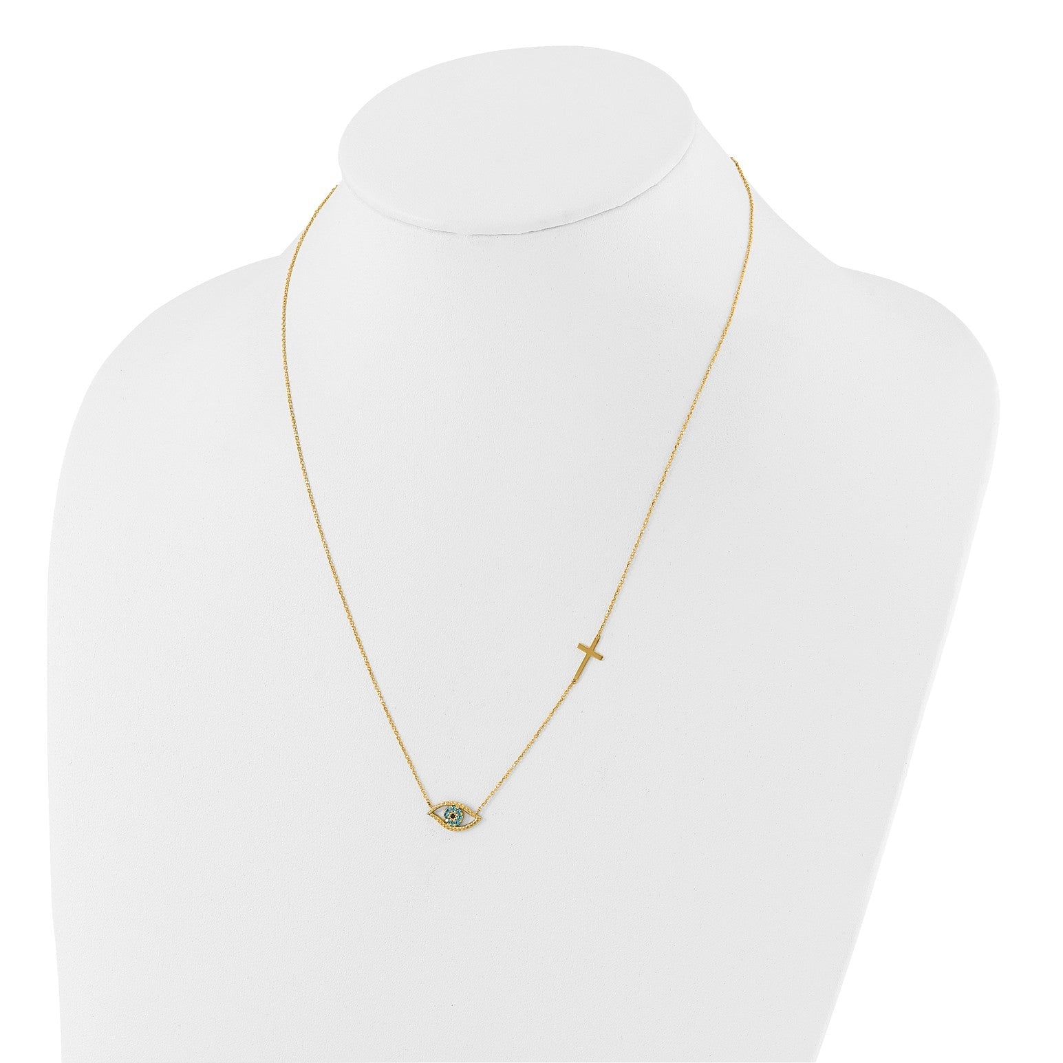 14K Yellow Gold CZ Evil Eye and Cross Pendant Adjustable Necklace, 18 to 20