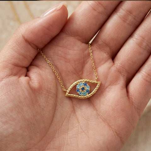 14K Yellow Gold CZ Evil Eye and Cross Pendant Adjustable Necklace, 18 to 20