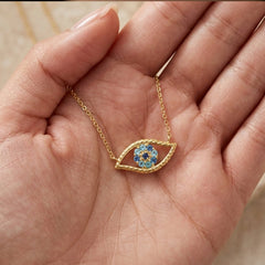 14K Yellow Gold CZ Evil Eye and Cross Pendant Adjustable Necklace, 18 to 20