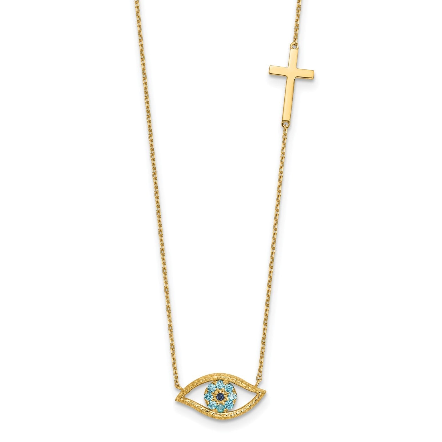 14K Yellow Gold CZ Evil Eye and Cross Pendant Adjustable Necklace, 18 to 20