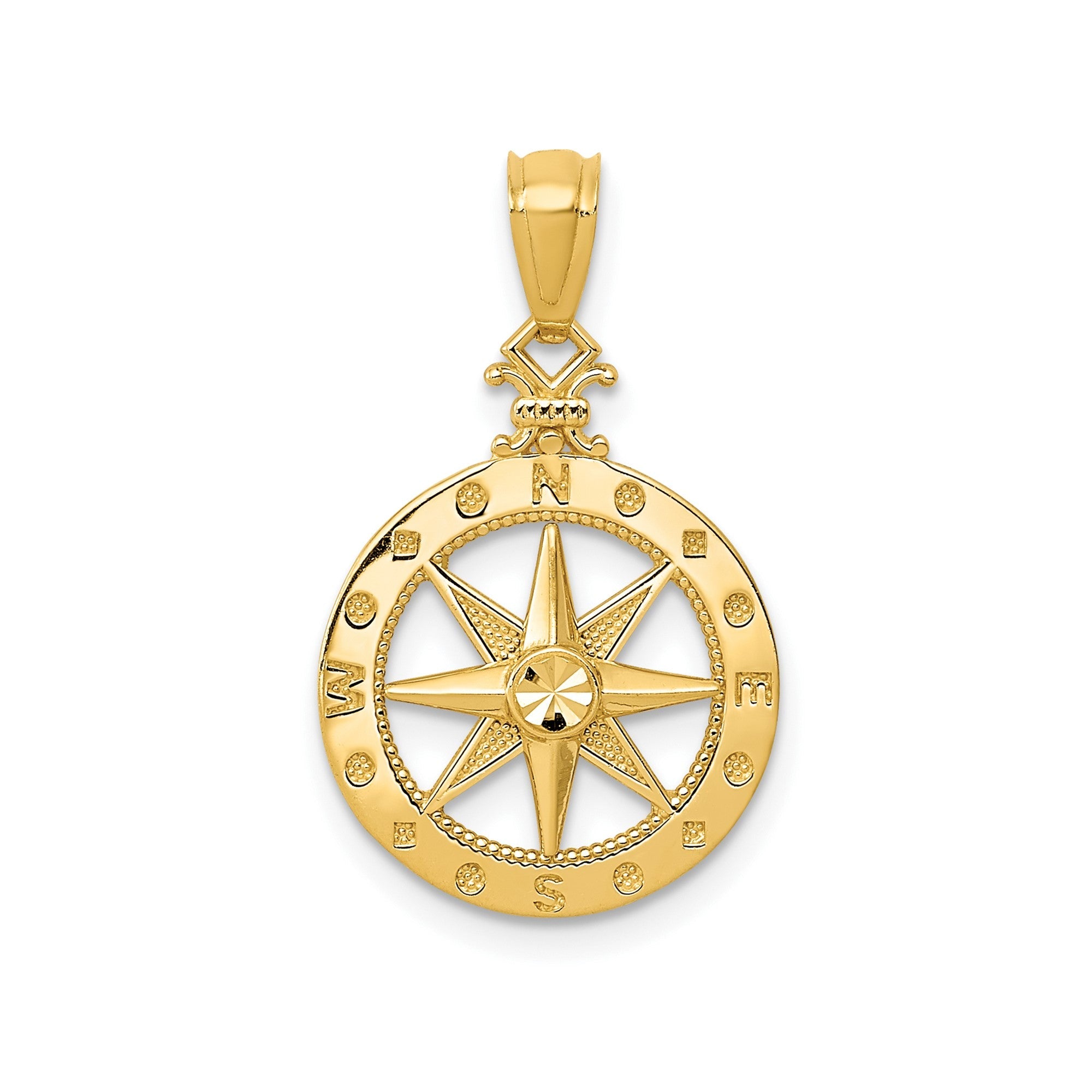 14k Yellow Gold Diamond-cut Compass Pendant, 22mm