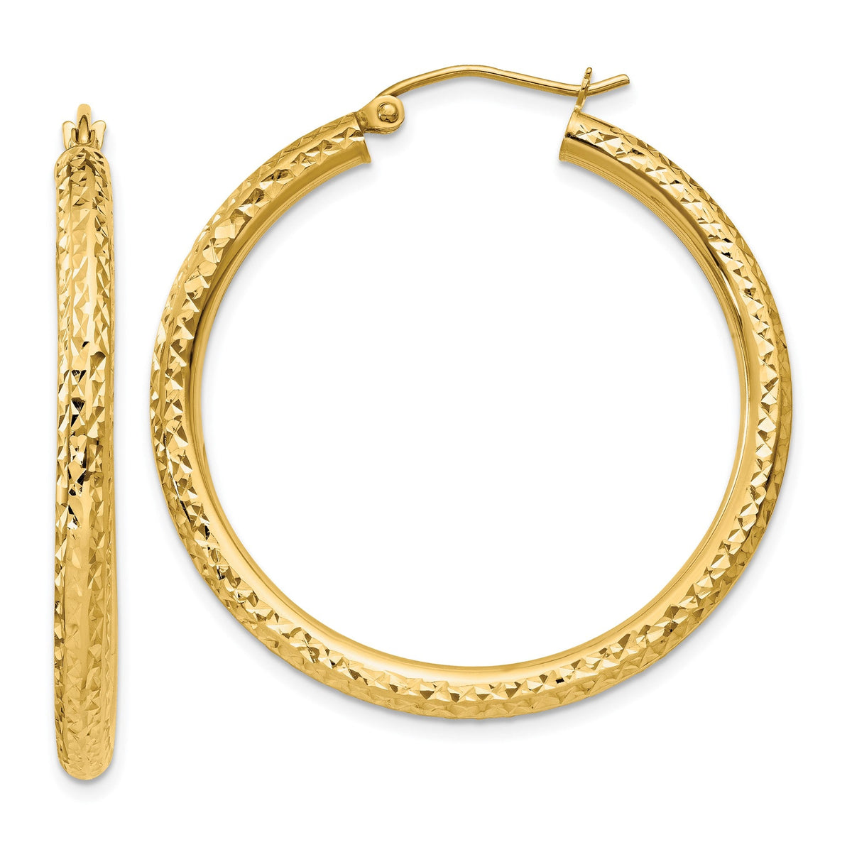 14K Yellow Gold Diamond Cut Round Hoop Earrings, Diameter 3x35mm