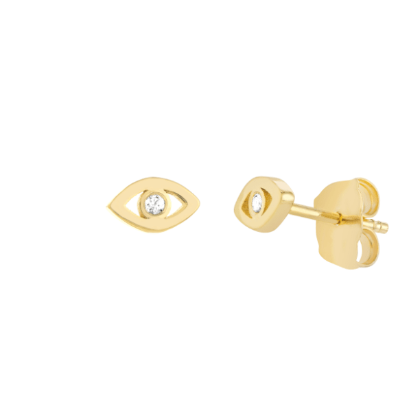 14k Yellow Gold Diamond Open Mini Evil Eye Stud Earrings 5mm - JewelryAffairs