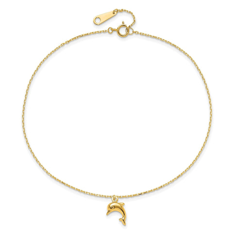 14k Yellow Gold Dolphin Charm Anklet, 9-10 Inch