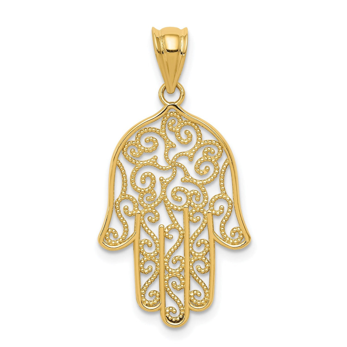 14k Yellow Gold Filigree Hamsa Hand Pendant, Religious Charm, 26mm x 16mm