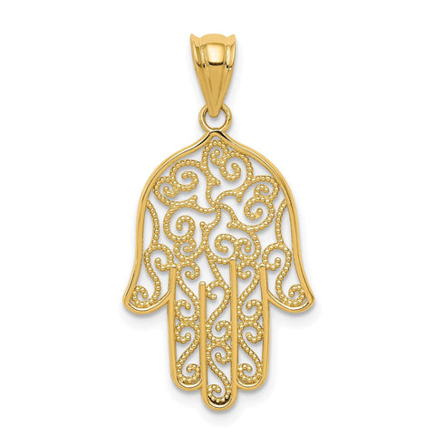 14k Yellow Gold Filigree Hamsa Hand Pendant, Religious Charm, 26mm x 16mm