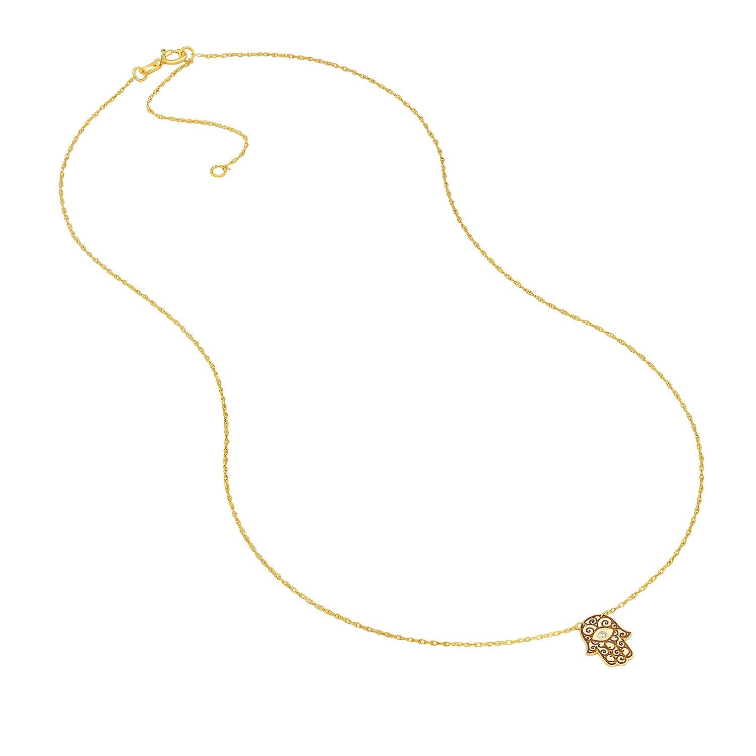 14K Yellow Gold Hamsa Hand Diamond Adjustable Necklace, 16"-18"
