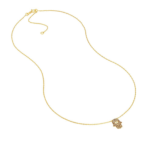 14K Yellow Gold Hamsa Hand Diamond Adjustable Necklace, 16"-18"