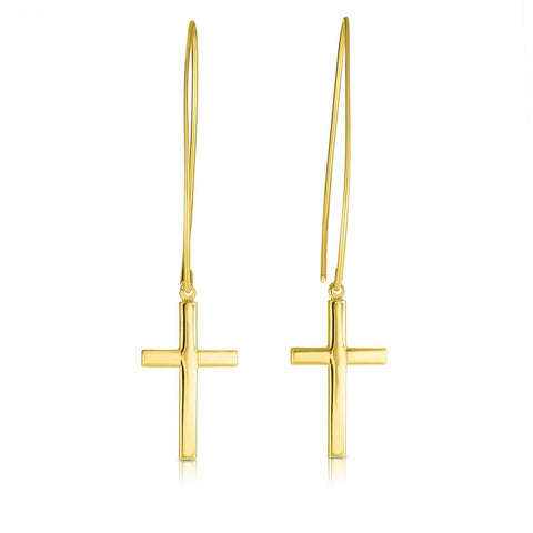 14K Yellow Gold Hanging Cross Charm Earrings