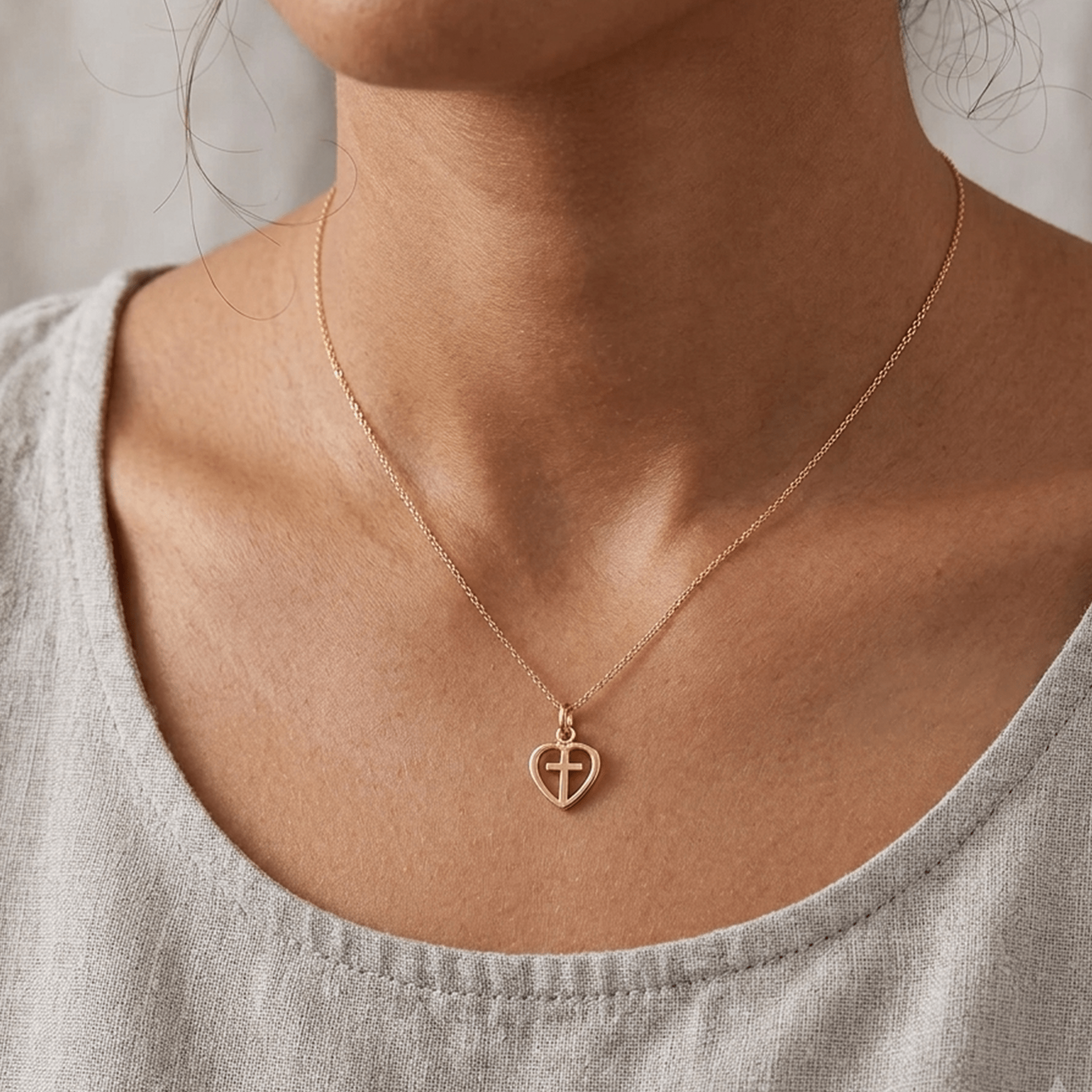 14K Yellow Gold Heart and Cross Charm Pendant