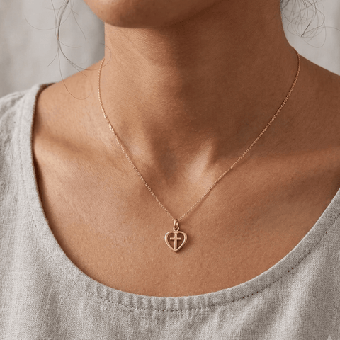 14K Yellow Gold Heart and Cross Charm Pendant