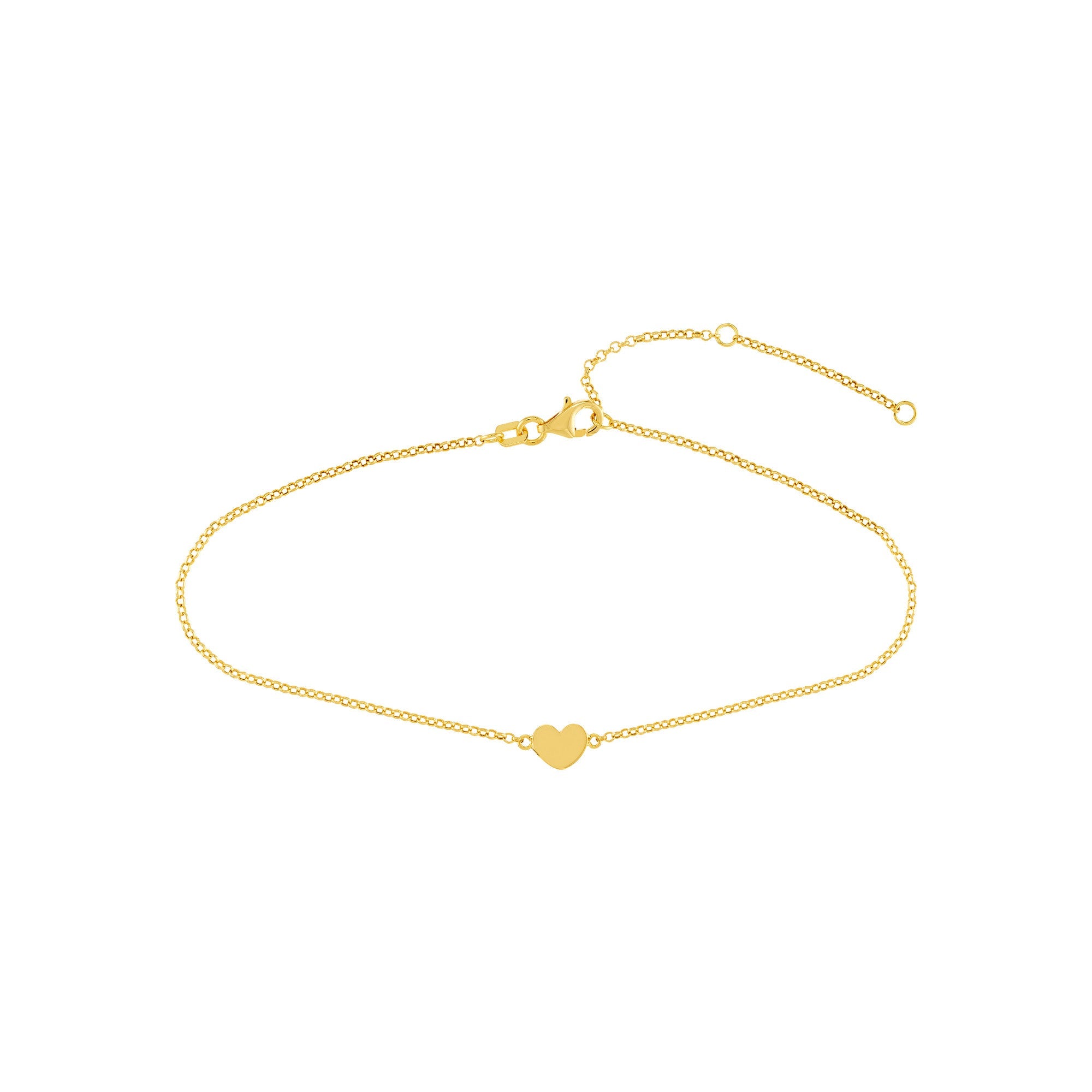 14k Yellow Gold Heart Anklet, 10 Inch Chain Length, Dainty Rolo Link