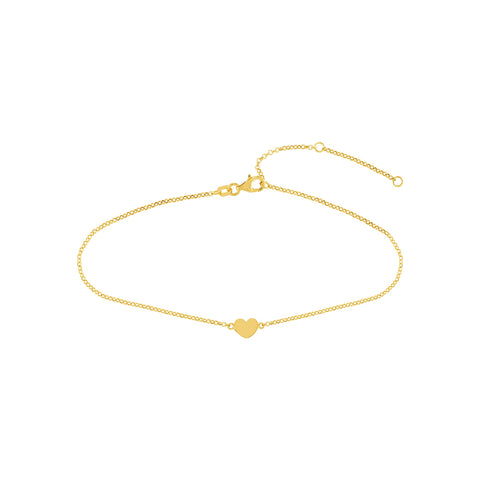 14k Yellow Gold Heart Anklet, 10 Inch Chain Length, Dainty Rolo Link