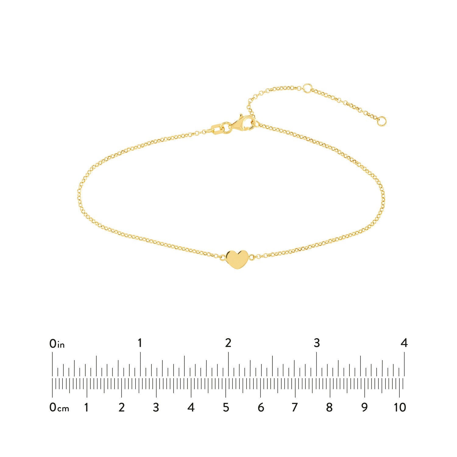 14k Yellow Gold Heart Anklet, 10 Inch Chain Length, Dainty Rolo Link