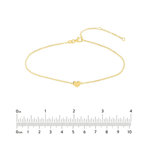 14k Yellow Gold Heart Anklet, 10 Inch Chain Length, Dainty Rolo Link