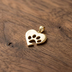 14K Yellow Gold Heart with Paw Print Pendant Charm, 12x12mm
