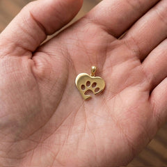 14K Yellow Gold Heart with Paw Print Pendant Charm, 12x12mm