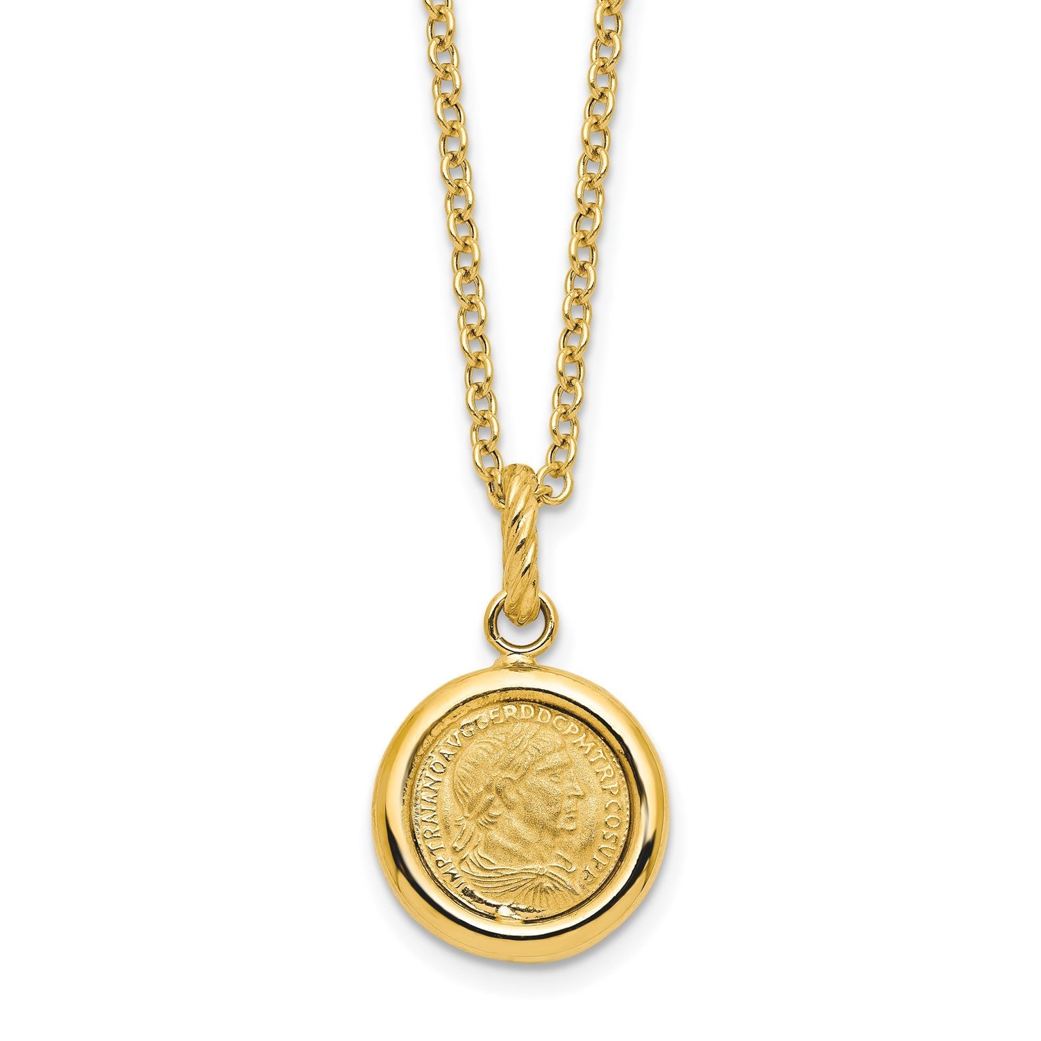 14k Yellow Gold High Polished and Matte Roman Coin Necklace, 18"
