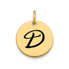 14K Yellow Gold High Polished Black Enamel Initial Disk Pendant 15mm