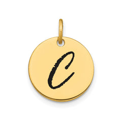 14K Yellow Gold High Polished Black Enamel Initial Disk Pendant 15mm