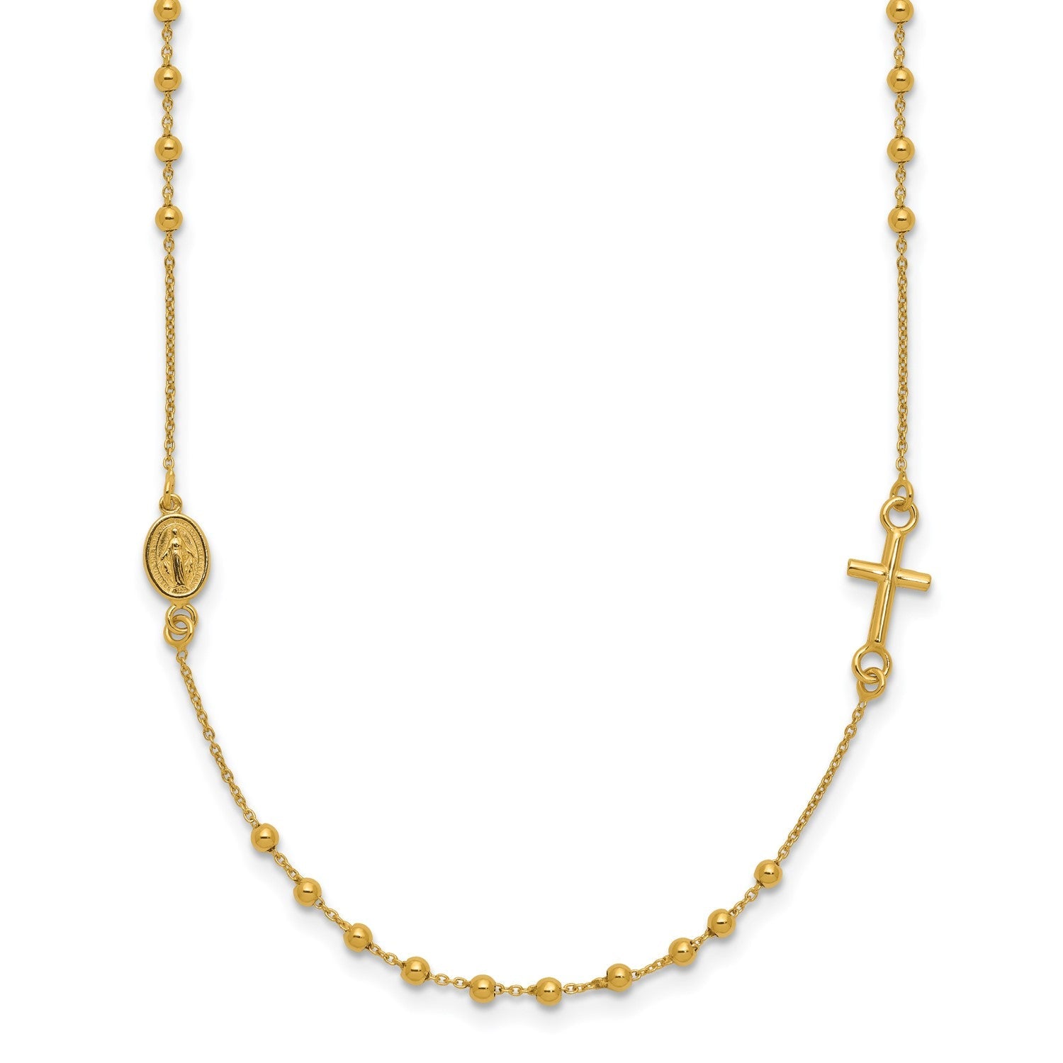 14k Yellow Gold High Polished Cross Rosary 18 inch Necklace